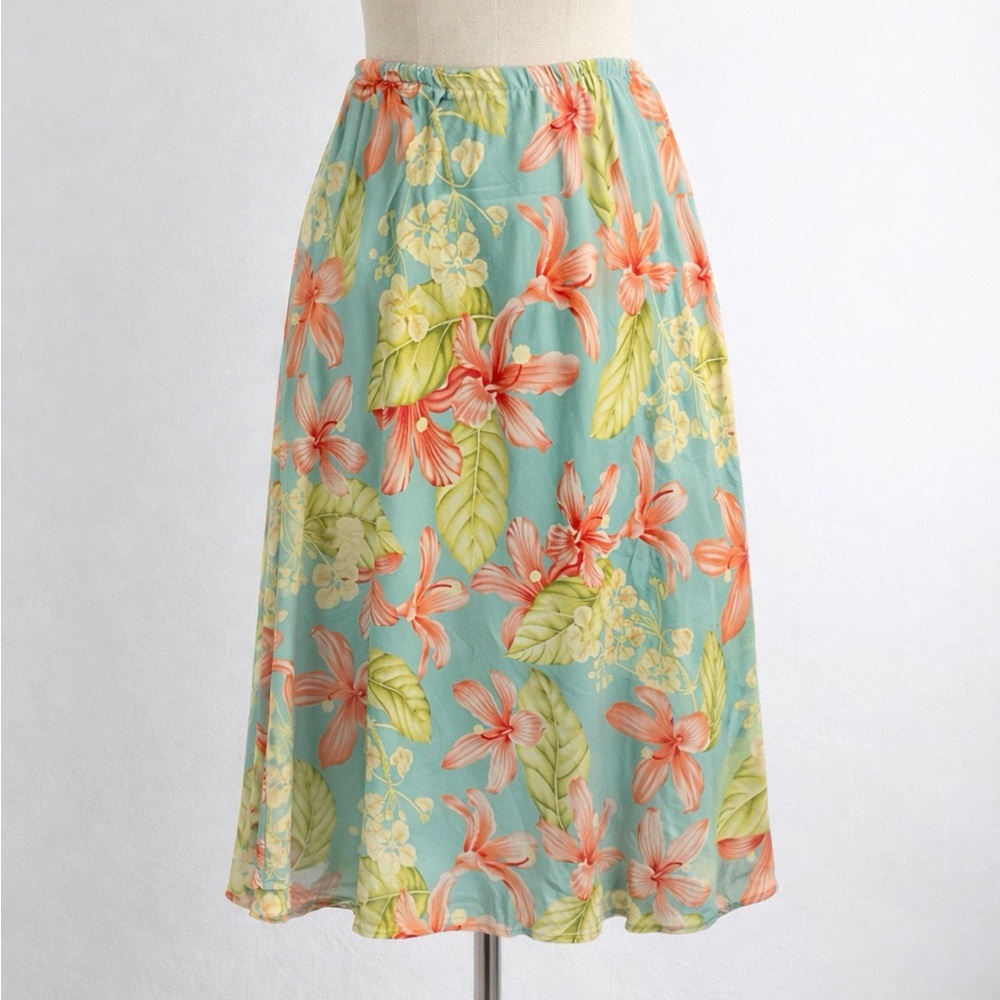 Kaua’iana Hawaiian Floral Turquoise A-line Midi Skirt
